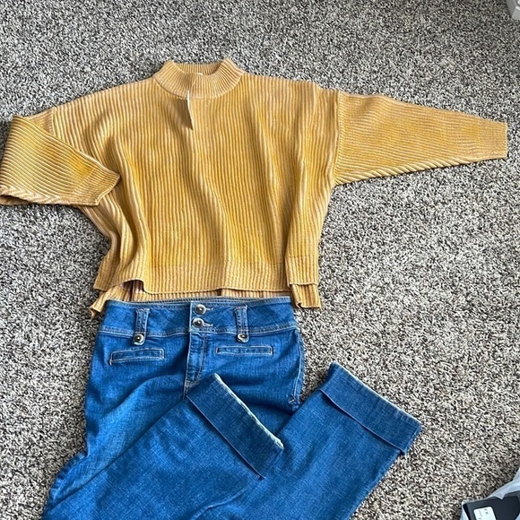 Topshop Womens Sweater Mustard Waffle Knitted Funnel Neck Ribbed Size 8/10 - Picture 3 of 8